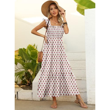 LOLONG Women's Summer Boho Spaghetti Strap Square Neck Ruffle Sleeveless Print Casual Flowy Long Dress Beach Party Maxi Dress Trendy
