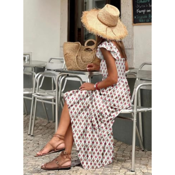 LOLONG Women's Summer Boho Spaghetti Strap Square Neck Ruffle Sleeveless Print Casual Flowy Long Dress Beach Party Maxi Dress Trendy