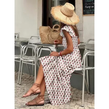 LOLONG Women's Summer Boho Spaghetti Strap Square Neck Ruffle Sleeveless Print Casual Flowy Long Dress Beach Party Maxi Dress Trendy