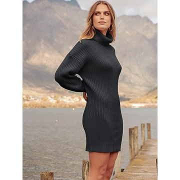 Oversized Sweater Dress Women ANRABESS Turtleneck Black