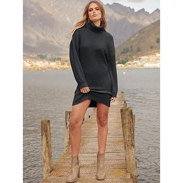 Oversized Sweater Dress Women ANRABESS Turtleneck Black