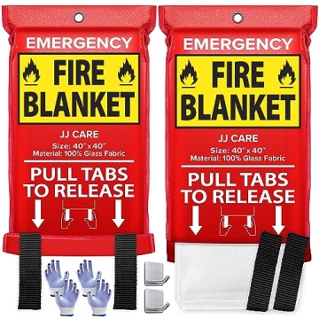 JJ CARE Fire Blanket – 2 Pack with Hooks & Gloves – Emergency Safety for Home & Kitchen