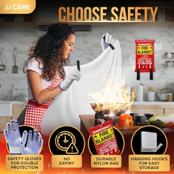 JJ CARE Fire Blanket 2 Pack with Hooks Gloves Emergency Safety