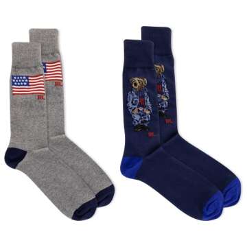 POLO RALPH LAUREN Men's 2-Pack Assorted RL Denim Bear Dress Socks for Comfort and Style