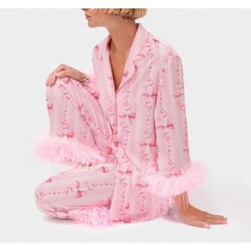 Women Satin Pajamas Set Feather Trim Long Sleeve Shirt + Pants Heart Print Silk 2 Piece Pjs Sleepwear