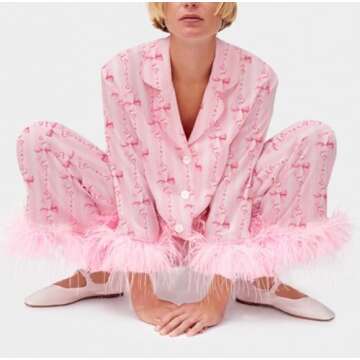 Women Satin Pajamas Set Feather Trim Long Sleeve Shirt + Pants Heart Print Silk 2 Piece Pjs Sleepwear