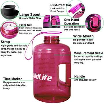 BuildLife Gallon Motivational Water Bottle Wide Mouth with Time Marker/Flip Top Leakproof Lid/One Click Open/Large BPA Free Capacity for Fitness Goals and Outdoor(Bright Purple, 1 Gallon)