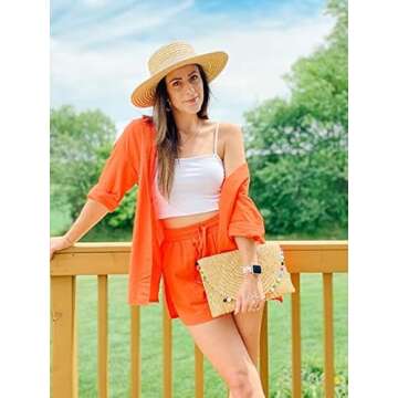 Zeagoo Womens Coordinated Outfit Casual 2 Piece Long Sleeve Button Down Shirt and Shorts Set, Orange, Small