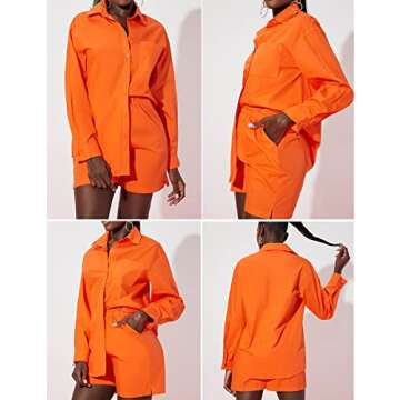 Zeagoo Womens Coordinated Outfit Casual 2 Piece Long Sleeve Button Down Shirt and Shorts Set, Orange, Small