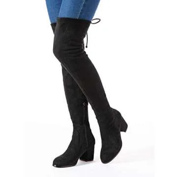 Mtzyoa Over The Knee Boots for Women Black Size 8 Lace Up Thigh High Suede Long OTK Block Heel Stretch