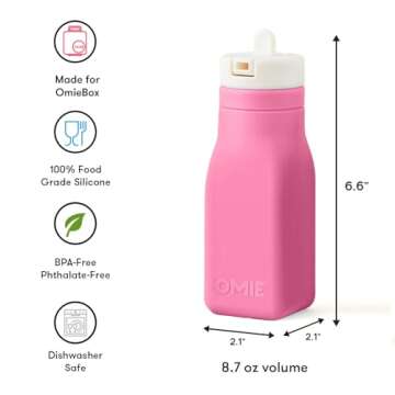 Omie OmieBox Reusable Silicone Water Bottle - 8.7 oz, Straw Top, BPA-Free & Phthalate-Free, Leak-Proof (Pink) (OmieBox Sold Separately)