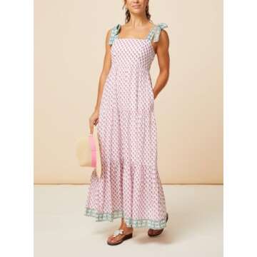 Women Boho Tie Shoulder Dress Y2k Floral Smocked Long Flowy Dresses Cute Summer Beach Spaghetti Strap Maxi Sundress D-Pink
