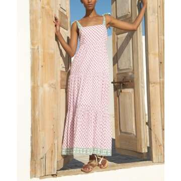 Women Boho Tie Shoulder Dress Y2k Floral Smocked Long Flowy Dresses Cute Summer Beach Spaghetti Strap Maxi Sundress D-Pink