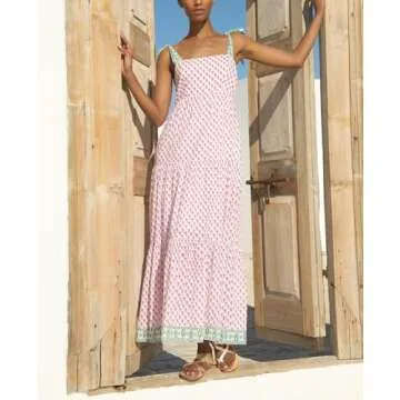 Women Boho Tie Shoulder Dress Y2k Floral Smocked Long Flowy Dresses Cute Summer Beach Spaghetti Strap Maxi Sundress D-Pink