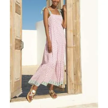 Women Boho Tie Shoulder Dress Y2k Floral Smocked Long Flowy Dresses Cute Summer Beach Spaghetti Strap Maxi Sundress D-Pink