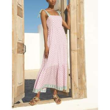 Women Boho Tie Shoulder Dress Y2k Floral Smocked Long Flowy Dresses Cute Summer Beach Spaghetti Strap Maxi Sundress D-Pink