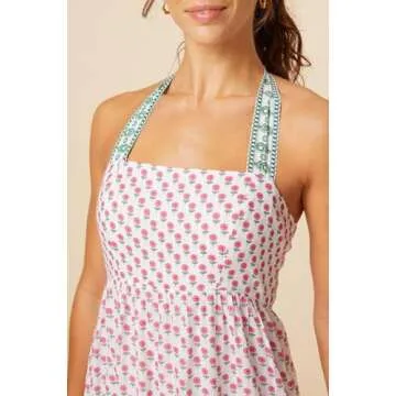 Women Boho Tie Shoulder Dress Y2k Floral Smocked Long Flowy Dresses Cute Summer Beach Spaghetti Strap Maxi Sundress D-Pink