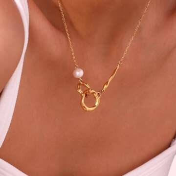 Gold Irregular Interlocking Rings Pendant Necklace, 18K Gold Plated Double Circle Necklace, Tiny Fre...