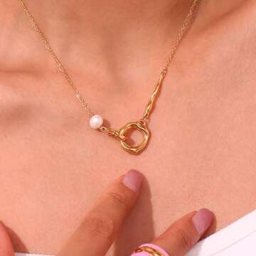 Gold Irregular Interlocking Rings Pendant Necklace, 18K Gold Plated Double Circle Necklace, Tiny Freshwater Pearl Pendant Necklace, Fashion Eternity Circles Jewelry for Women