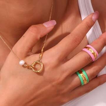 Gold Irregular Interlocking Rings Pendant Necklace, 18K Gold Plated Double Circle Necklace, Tiny Freshwater Pearl Pendant Necklace, Fashion Eternity Circles Jewelry for Women