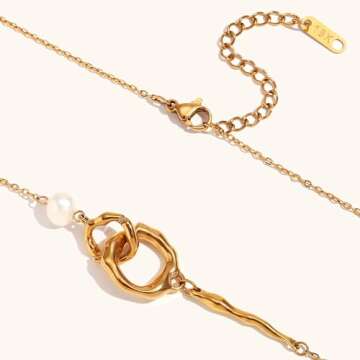 Gold Irregular Interlocking Rings Pendant Necklace, 18K Gold Plated Double Circle Necklace, Tiny Freshwater Pearl Pendant Necklace, Fashion Eternity Circles Jewelry for Women