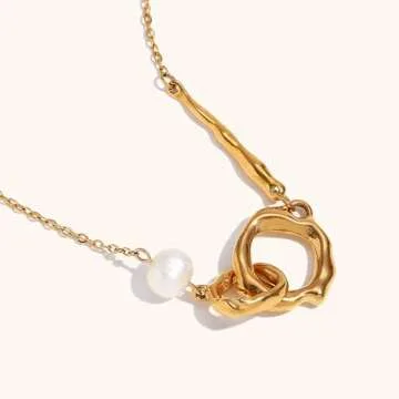 Gold Irregular Interlocking Rings Pendant Necklace, 18K Gold Plated Double Circle Necklace, Tiny Freshwater Pearl Pendant Necklace, Fashion Eternity Circles Jewelry for Women