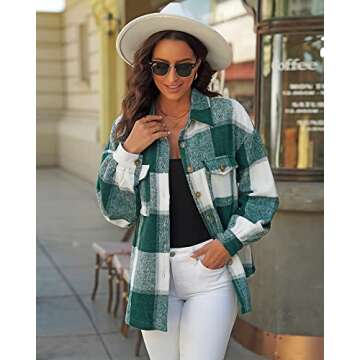 GRAPENT Women's Plaid Print Patch Pocket Button Up Shacket Coat Women Jacket Winter Womens Jackets Winter Jacket for Women Color Green Plaid Size Small Size 4 Size 6