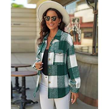 GRAPENT Women's Plaid Print Patch Pocket Button Up Shacket Coat Women Jacket Winter Womens Jackets Winter Jacket for Women Color Green Plaid Size Small Size 4 Size 6