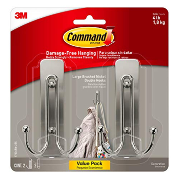 Command Large Brushed Nickel Double Hooks, 2 Hooks and 2 Command Strips, Damage Free Hanging Wall Ho...
