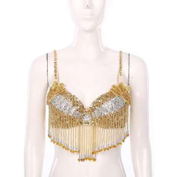 Winnrchan Women Glitter Belly Dance Crop Tops Beaded Sequined Bra Tank Top Bikini Costume Rave Cabaret Party Gold One Size