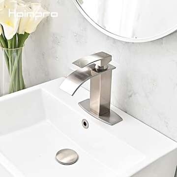 Hoimpro Waterfall Spout Brushed Nickel Single Hole Bathroom Faucet,Single Handle Bathroom Vanity Sin...