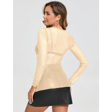 AKEWEI Sexy Slim See Through Mesh Sheer Top Blouse for Trendy Layering