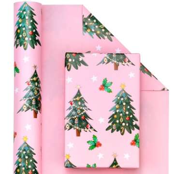 Pink Christmas Tree Reversible Wrapping Paper Roll