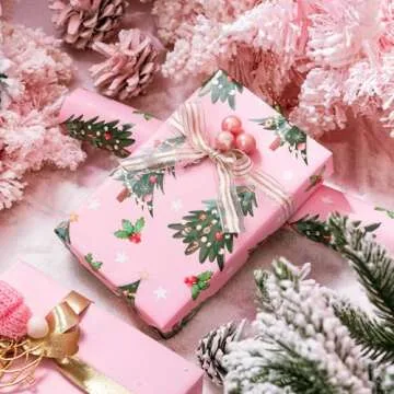 Pink Christmas Tree Reversible Wrapping Paper Roll