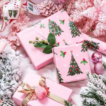 Pink Christmas Tree Reversible Wrapping Paper Roll