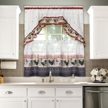 Printed Tier and Swag Window Curtain Set - 57 Inch Width, 36 Inch Length - Rooster - Machine Washabl...