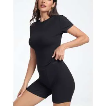 Trendy Queen 2 Piece Workout Sets Women Two Piece Summer Outfits 2024 Loungewear Vacation Tops Biker Shorts Leggings Y2k Clothes Matching Clothing Tracksuits, Medium, Black