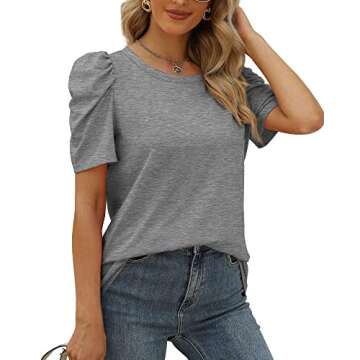 Tshirts Shirts for Women Dressy Casual Puff Sleeve Fashion Tops Summer Clothes Gray M