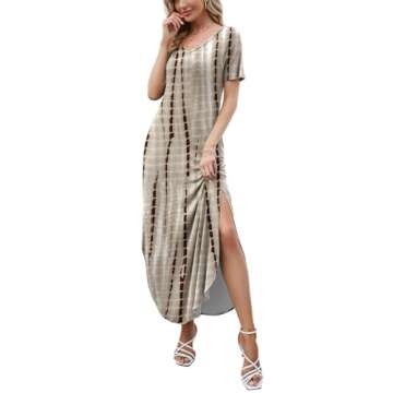 HUSKARY Women's Summer Tie Dye Maxi Dresses Casual Short Sleeve Long Split Dress -Tie Dye Brown