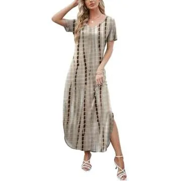 HUSKARY Women's Summer Tie Dye Maxi Dresses Casual Short Sleeve Long Split Dress -Tie Dye Brown