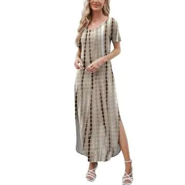 HUSKARY Women's Summer Tie Dye Maxi Dresses Casual Short Sleeve Long Split Dress -Tie Dye Brown