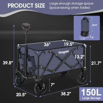Homgava Collapsible Folding Wagon Cart 150L - Heavy Duty Garden Cart for Outdoor Use