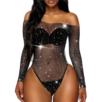 RSLOVE Women Sexy Lingerie Fishnet Bodysuit Babydoll Sparkle Rhinestone Mesh Teddy Lingerie Black