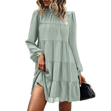 KIRUNDO Women's 2025 Spring Long Sleeve Ruffle Mock Neck Tiered Mini Babydoll Dress Casual Summer Fl...