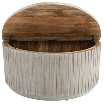 Benjara Mai 40 Inch Round Coffee Table with Storage, Fluted Design, White