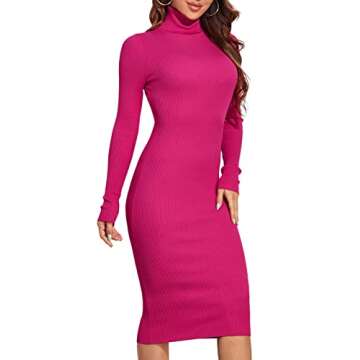 PrettyGuide Women's Turtleneck Knit Pullover Long Sleeve Stretch Bodycon Sweater Dress Hot Pink S