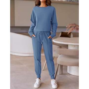 ZESICA Women's Long Sleeve Crop Top and Pants Pajama Sets 2 Piece Jogger Long Sleepwear Loungewear Pjs Sets,Blue,Medium