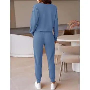 ZESICA Women's Long Sleeve Crop Top and Pants Pajama Sets 2 Piece Jogger Long Sleepwear Loungewear Pjs Sets,Blue,Medium