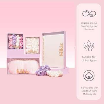 SILKIE x4 Set - Better than Satin - 100% Pure Mulberry Silk Black on Black Skinny Scrunchies Travel Pouch Everyday Hair Ties Elastics Hair Care Ponytail Holder No Damage (Noir)