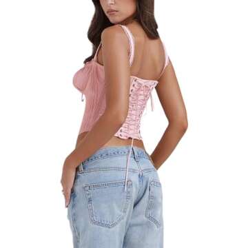 YADMISU Women's Lace Up Cami Corset Tops Cold Shoulder Zip Side Ties Back Sexy Going Out Bodyshaper Bustier Top,Pink,XS